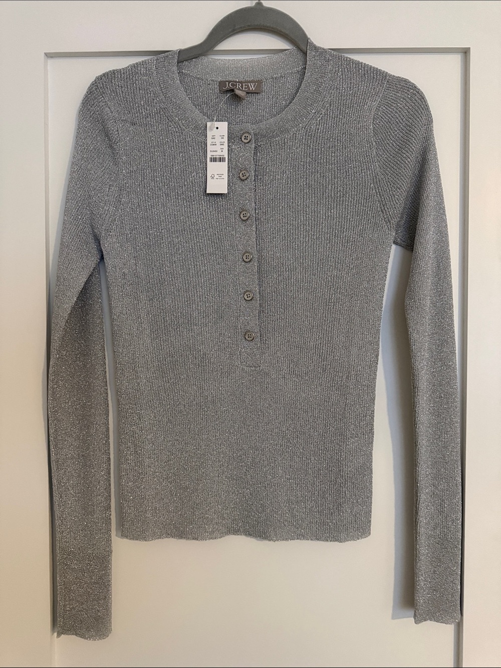 J. Crew Metallic Gray Ribbed Henley Long-Sleeve Top